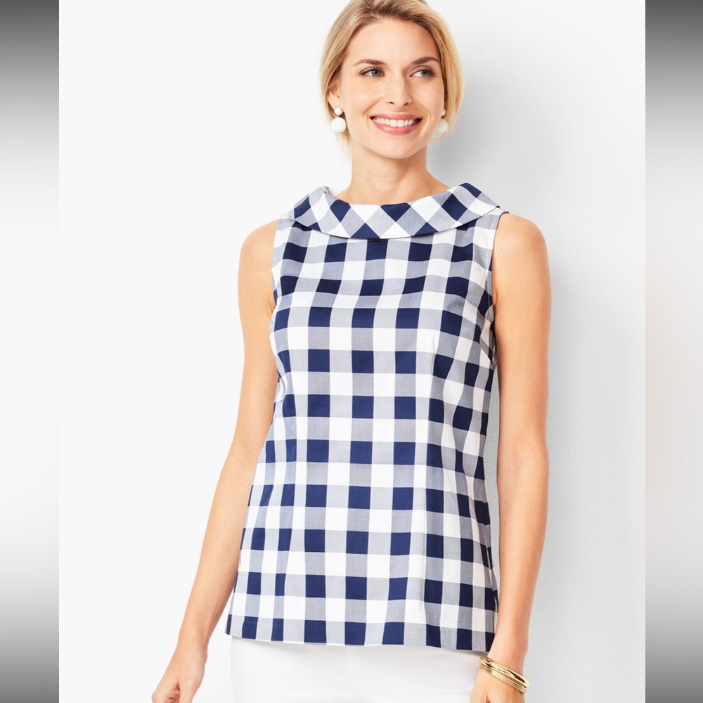 Talbots Audrey Shell Gingham Blue and White Plaid Top